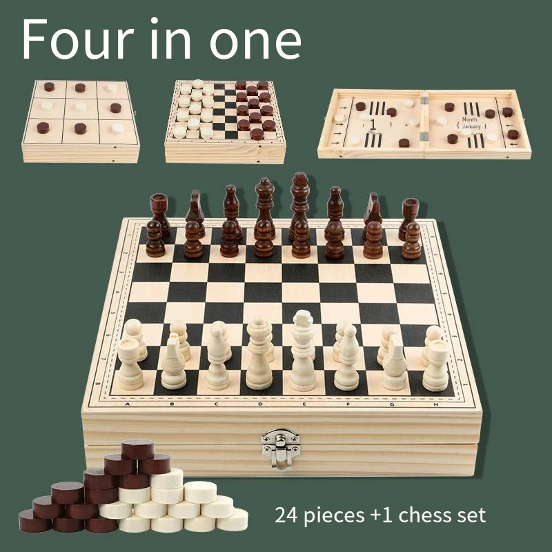 

Chess Checkers Bouncing Chess Three Piece Chess 4 in 1 Board, Dense Hard Pine Material Boxed Set, Foldable Table Games