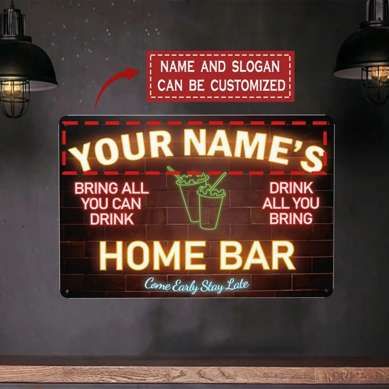 Custom Name Text Metal Sign Home Bar Neon Effect Wall Art Decor