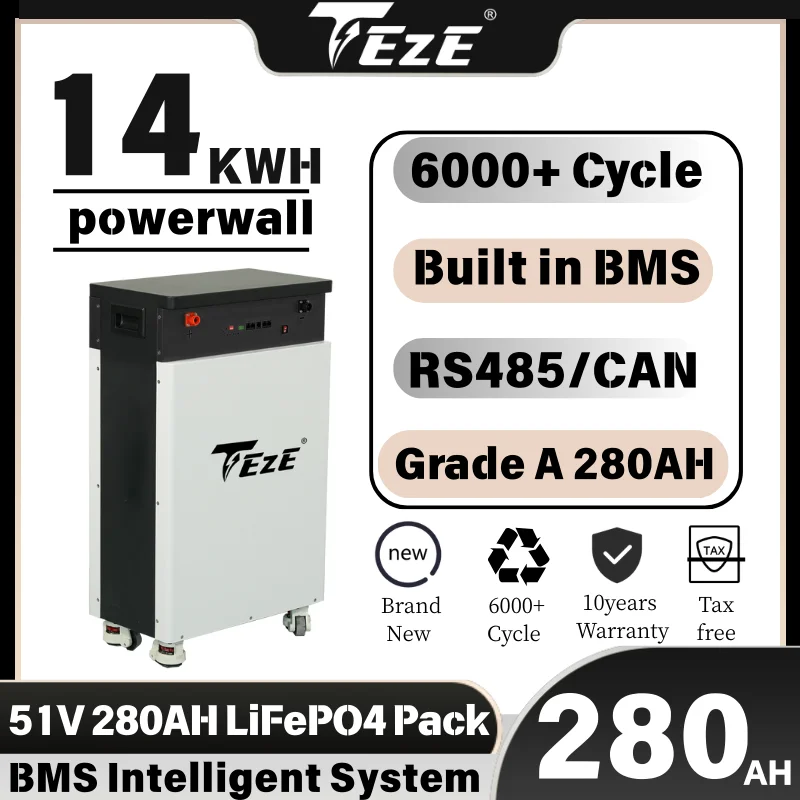 TEZE 48V/51.2V 280Ah LiFePO4 Battery 14KWH Powerwall Built-in BMS ESS With Active Balancer 14KWH Home Energy Storage