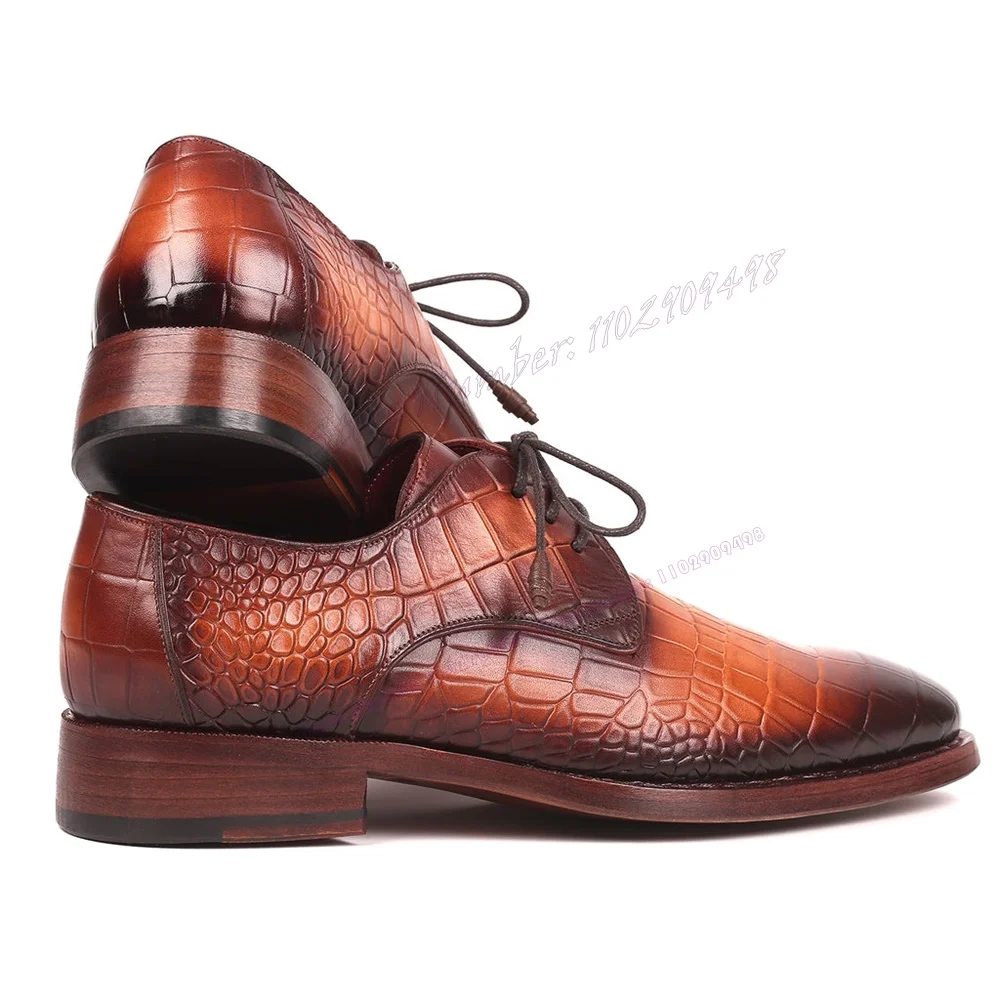 Brown Crocodile Men's Derby Shoes Chunky Heels Handmade Luxury Dress Shoes for Men Vintage Business Shoes Zapatos Para Hombres