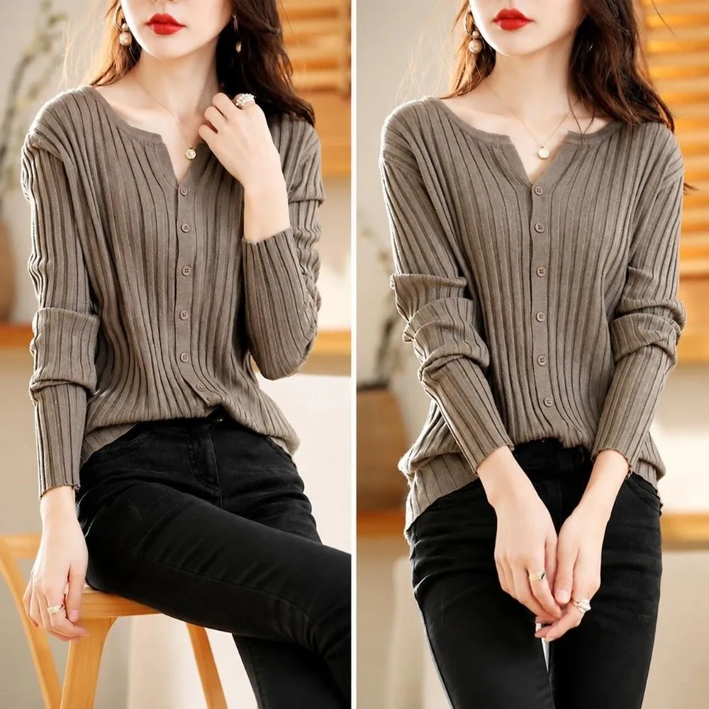 Chic Solid Color Knit Cardigan Slim-Fit Design Long-Sleeved Women Sweater V-Neck Women's Coat