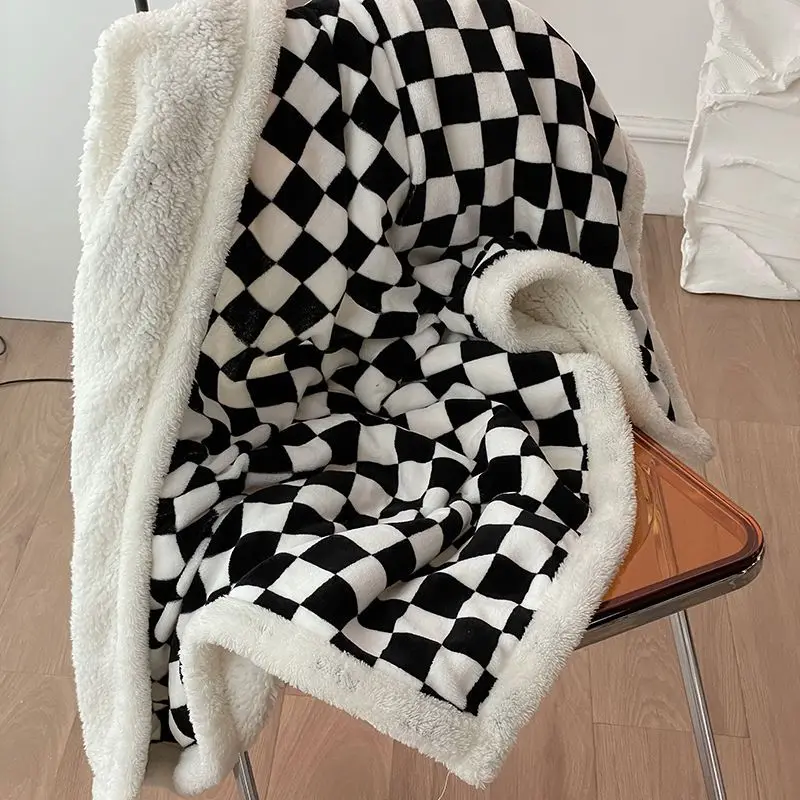 Black Checkerboard Throw Sherpa Blankets For Kids Winter Thick Warm Shawl Sofa Bed Fuzzy Soft Plaid Blanket 70x100cm 100x150cm