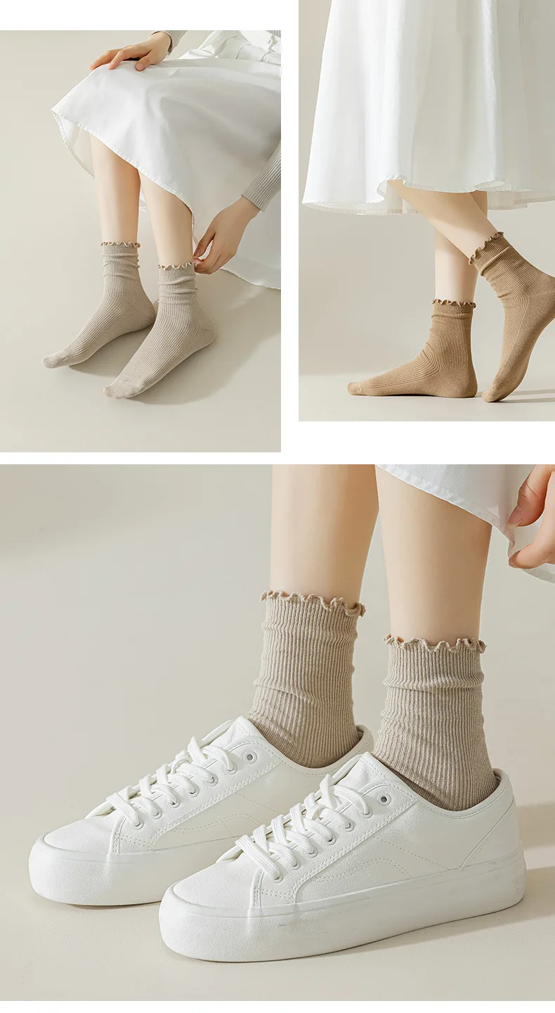 6 Paar Rüschensocken für Damen, Baumwolle, einfarbig, mittellange Socken, niedliche, kawaii, koreanische, atmungsaktive, schwarz-weiße kurze Strümpfe – Detail 5