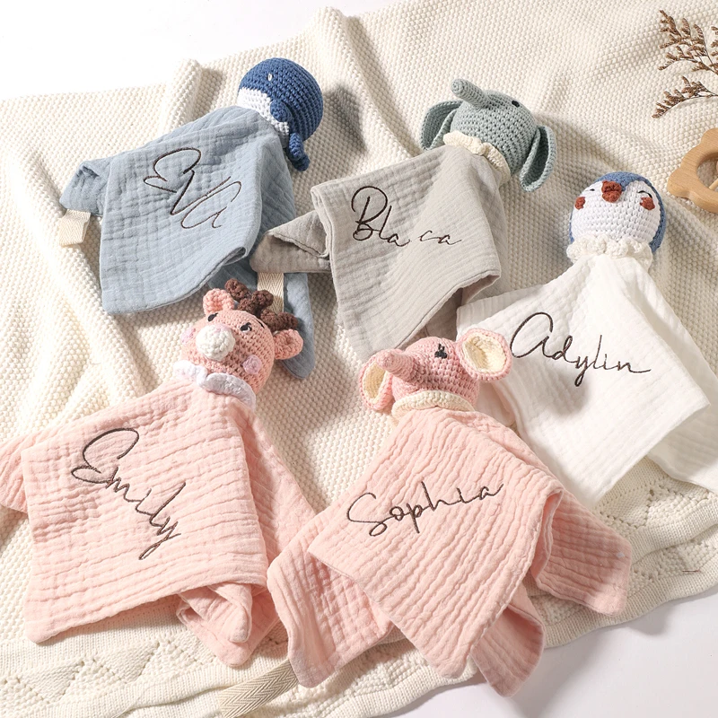 Personalized name Baby Soother Appease Towel Bib Crochet Rabbit Bear Doudou Sleeping Doll Infant Soft Comfort Bib Towel Ring for view 5