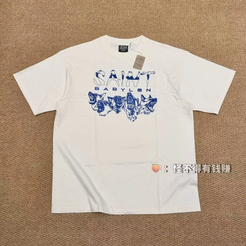 Authentic SAINT Wolf Pack 666 Print T-Shirt- Summer Cotton Seamless Patchwork Crew Neck