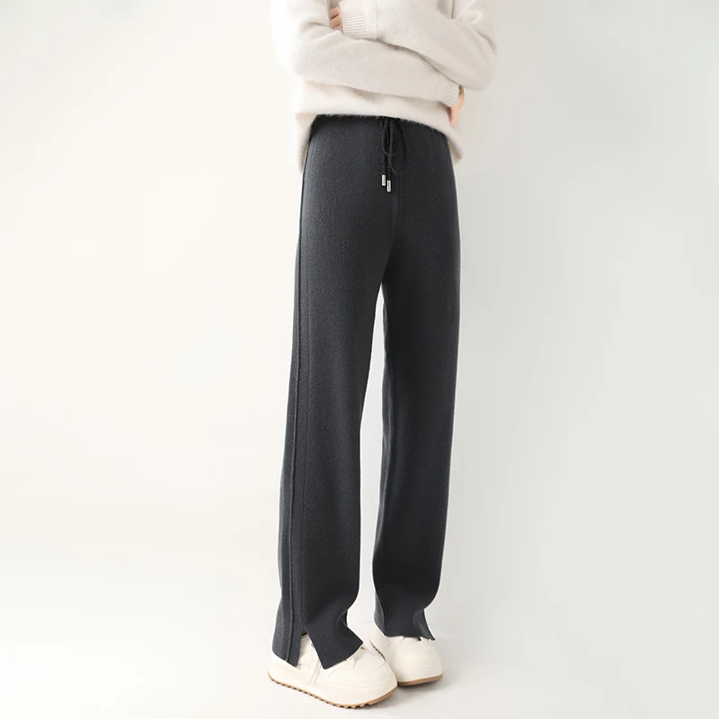 100% Pure Cashmere Wide-Leg Pants Women's Cashmere Knit Floor-Length Pants