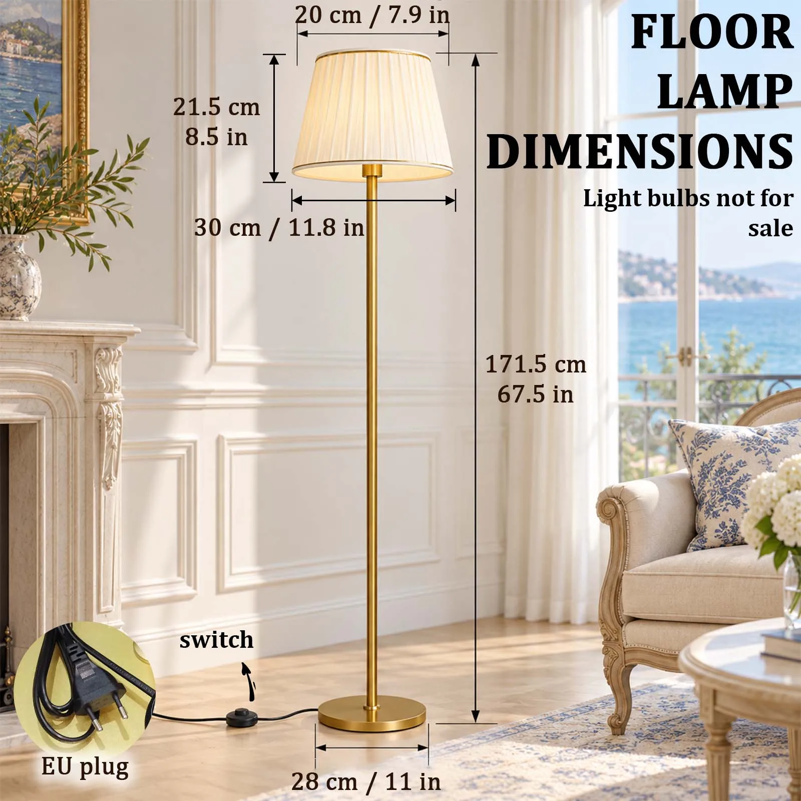 Gold Standing Lamp with Ivory Pleated Shade and Standard E27 Socket with Convenient Foot Switch and EU Plug for Bedroom
