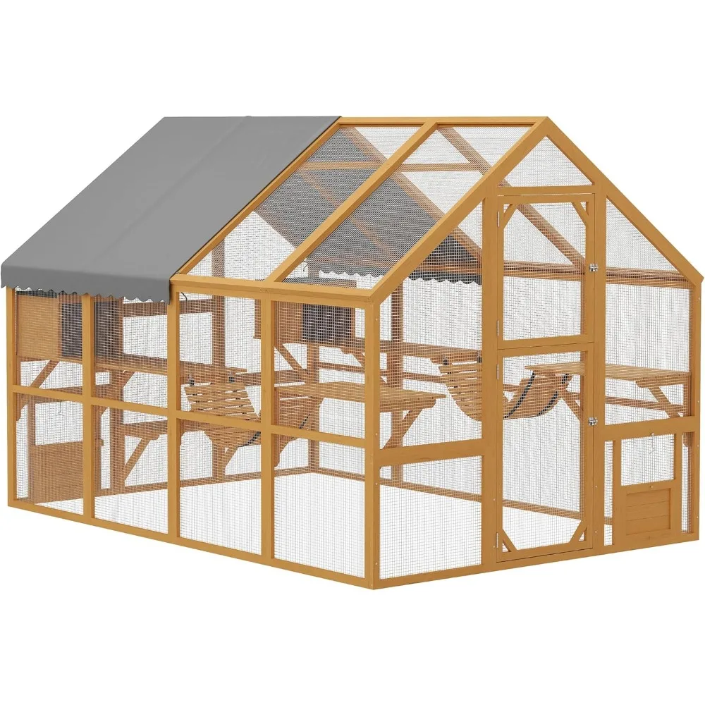 

Large Catio Outdoor Cat Enclosure for Multiple Kittens, Wooden Cat House with Waterproof Cover, Walk in Kitty Cage Kennel with