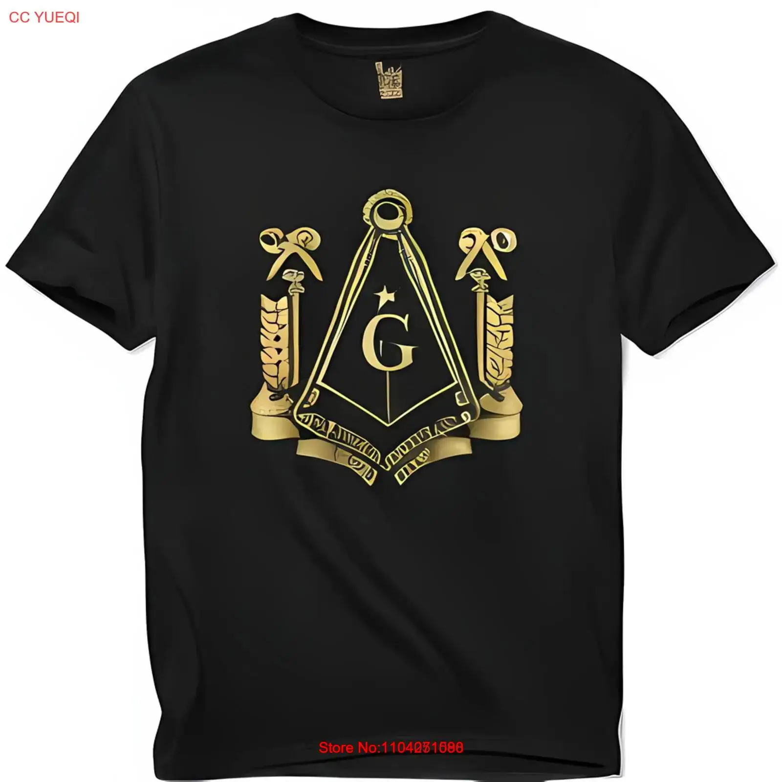 Black T-Shirt with Intricate Gold Masonic Featuring Central 'G' and Geometric