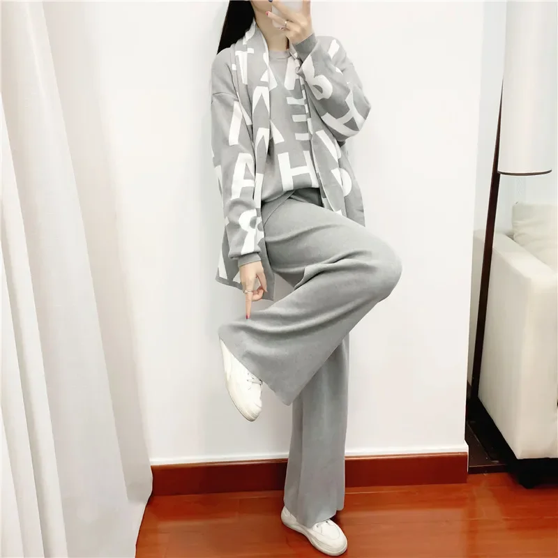 Women Knitting Three Piece Set Letter Print Pullover Sweater Scarf Wide Leg Pants Suit Morocco Ensemble Muslim Knit Tracksuit