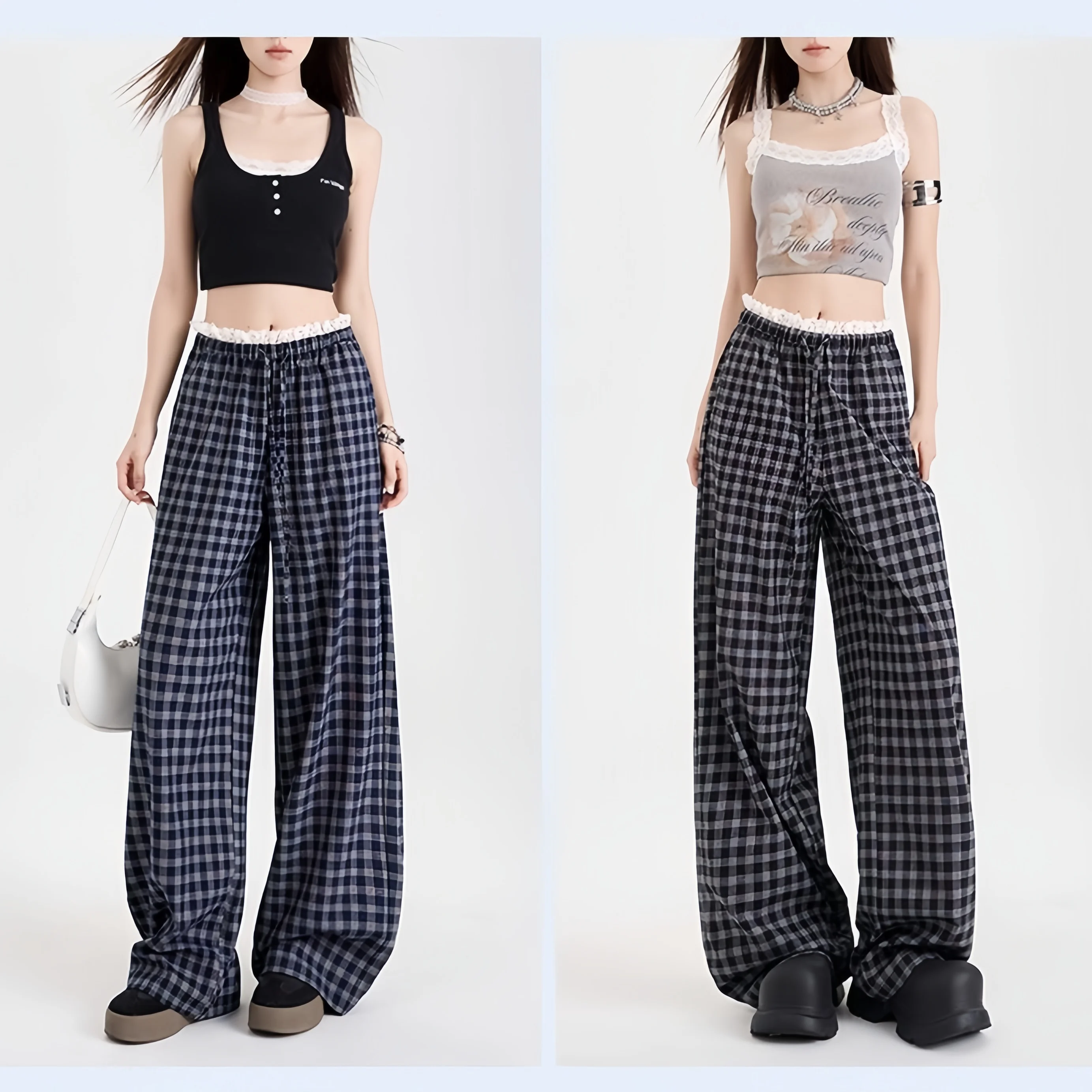 Korean Lace Lace Plaid Spring/Summer Lace Patchwork Plaid Small Height High Waist Hanging Casual Pants for Women