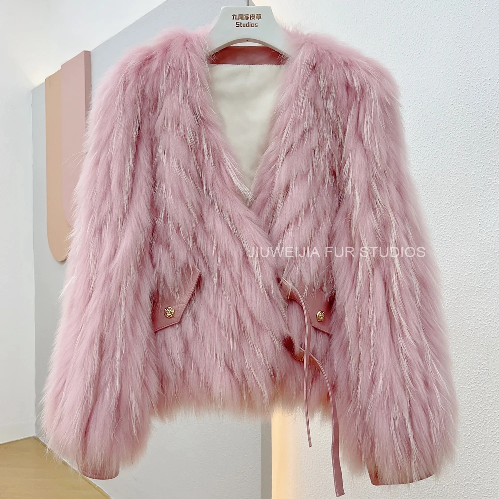 2026 Winter New Fur Strip Sewed Together Short Style Thin Raccoon Fur Fox Fur Coat Young Women's Coat