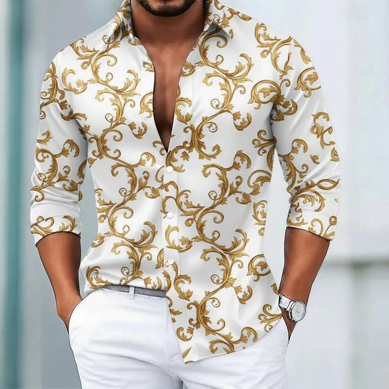 Men's shirt long sleeved lapel shirt fashionable retro Baroque printed lapel shirt banquet light luxury slim fit men's top