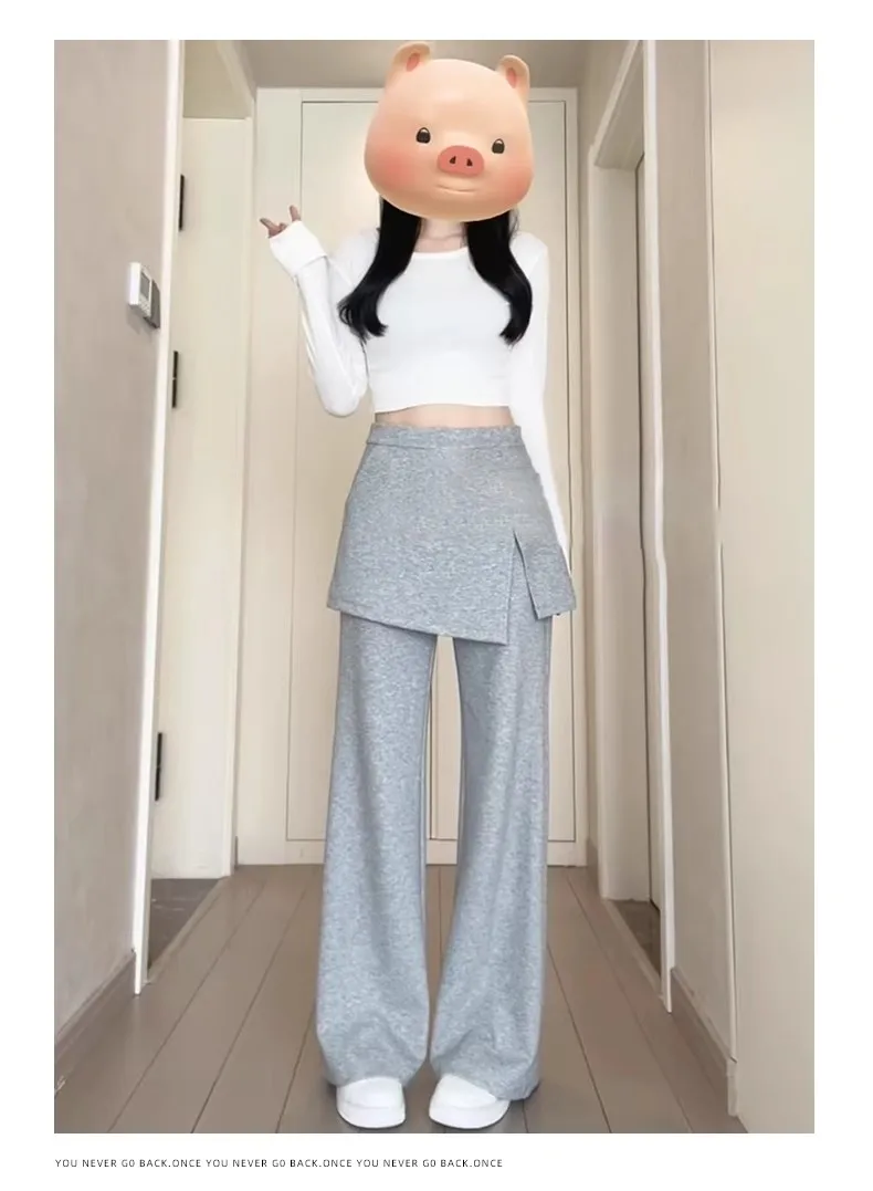 Retro Fake Two Pieces Spliced Side-slit Grey Sport Pants Women Spring Summer Solid Color High-waist Casual Elsdtic Flare Pants