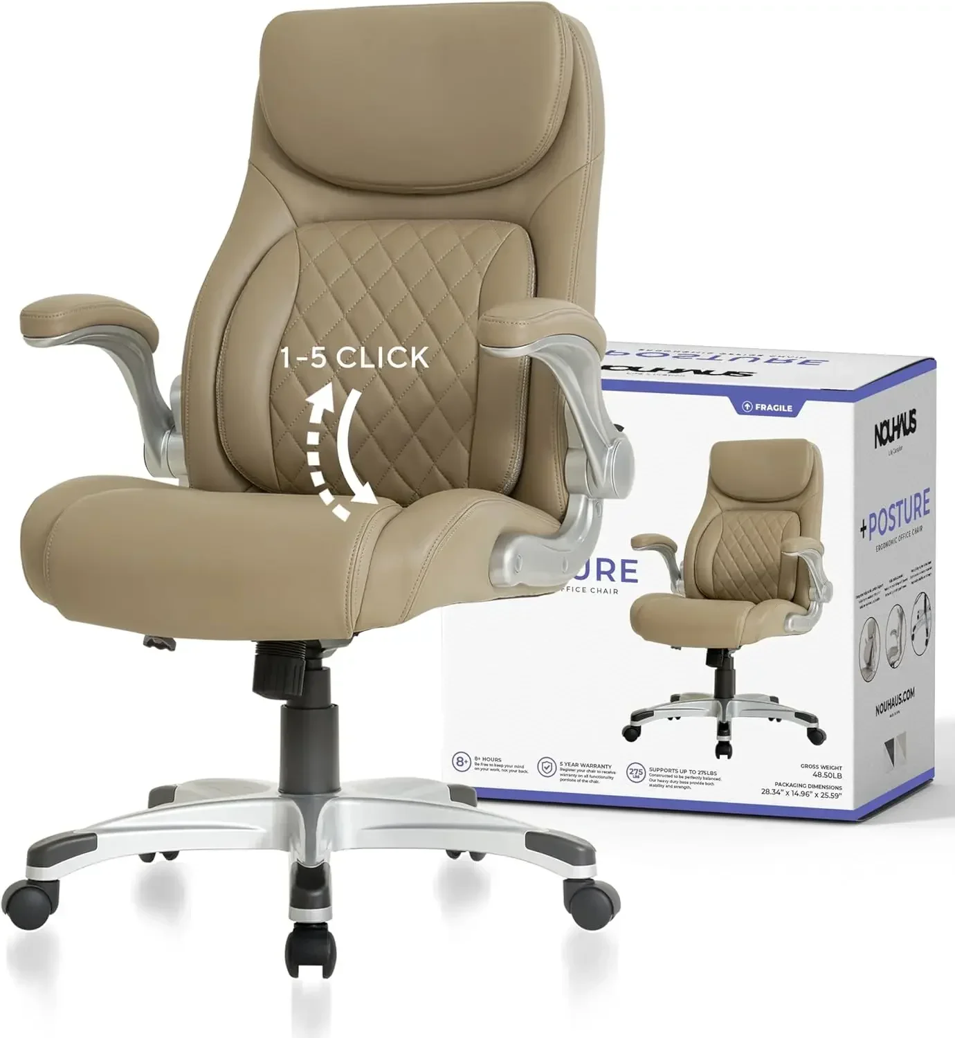 Nouhaus +Posture Ergonomic PU Leather Office Chair. Click5 Lumbar Support with FlipAdjust Armrests (Taupe)