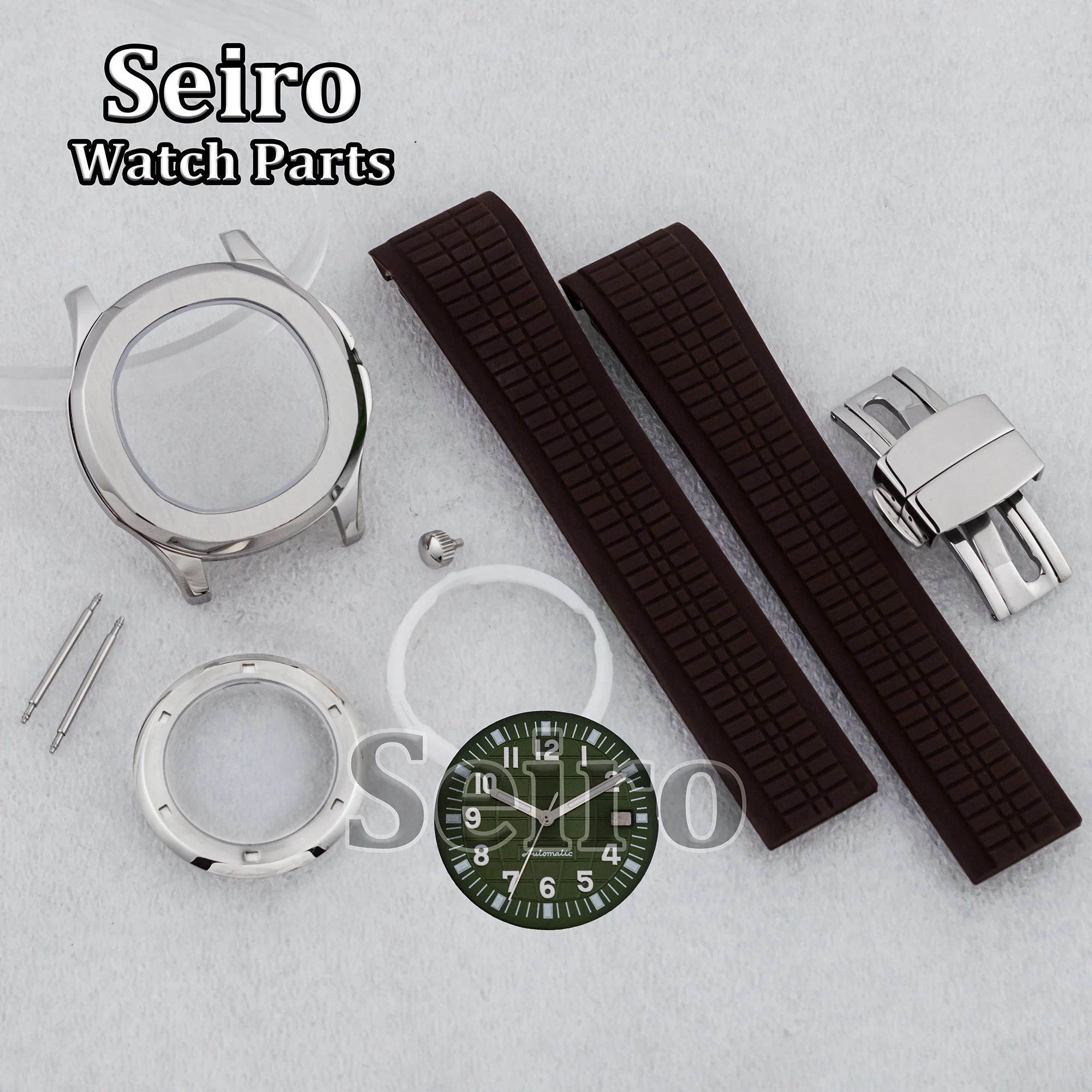 

42MM NH35 Case Rubber Strap Green Luminous Dial Hands Stainless Steel Watchcase Watchband for AQUANAUT Nautilus NH36 Movement