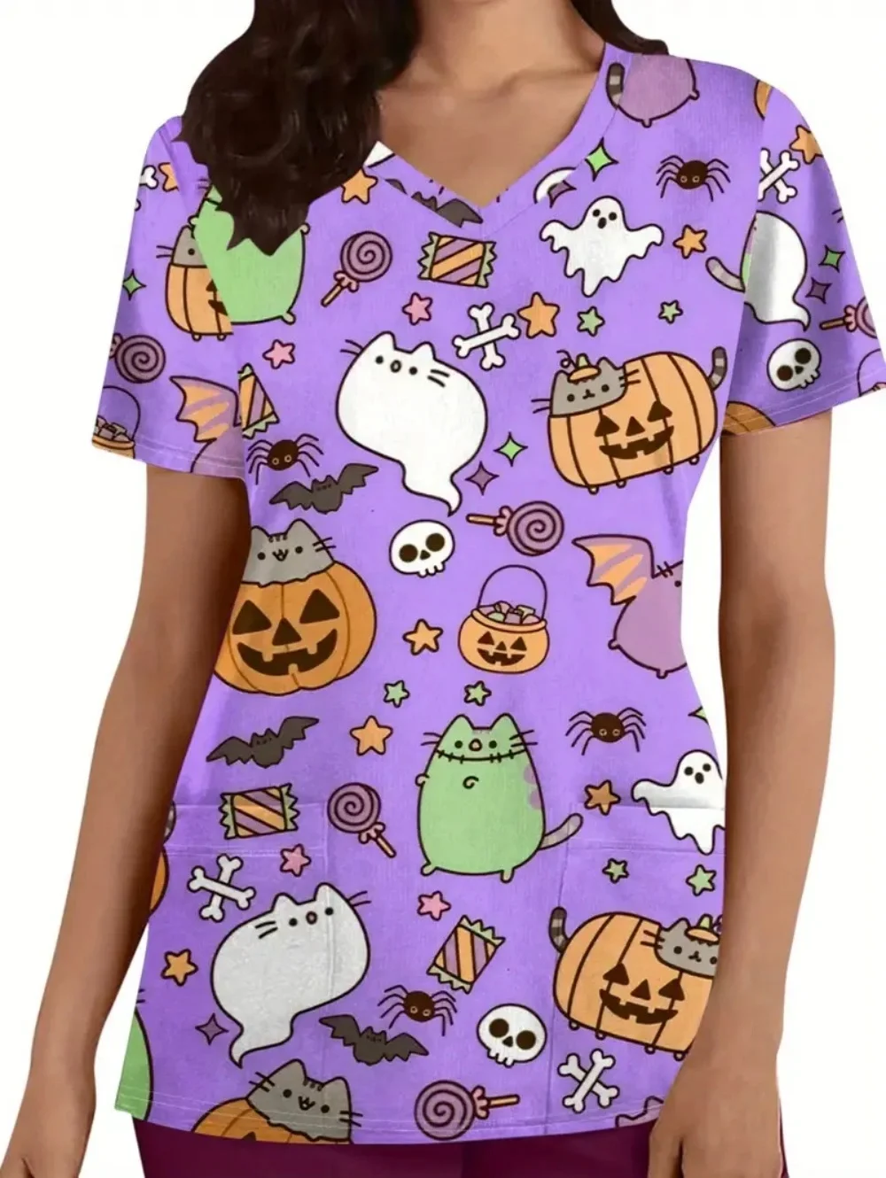 Uniforme chirurgical d'halloween, imprimé fantôme de citrouille mignon, mode d'été, col en v, manches courtes, hauts vétérinaire jaune pour femme, uniformes chirurgicaux