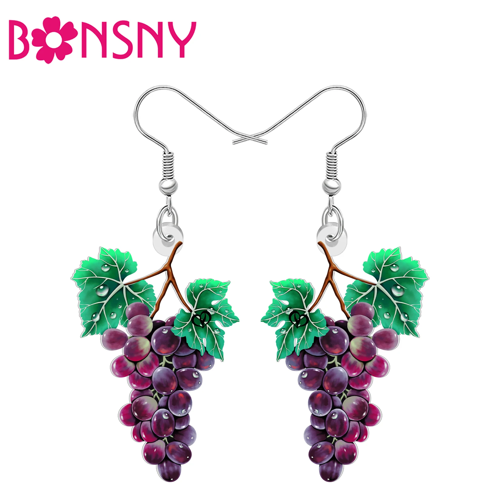 BONSNY Acrylic Fruits Grapes Cluster Earrings Food Purple Berry Dangle Drop Nature Orchard Jewelry Summer Gifts For Women Ladies
