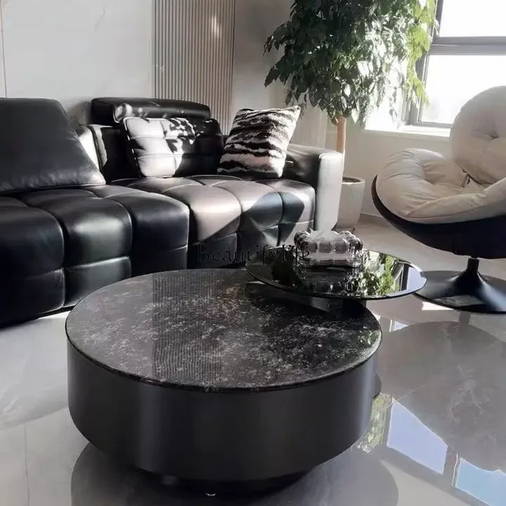 

yj32 Italian light luxury natural marble platinum diamond round coffee table glass edge table combination