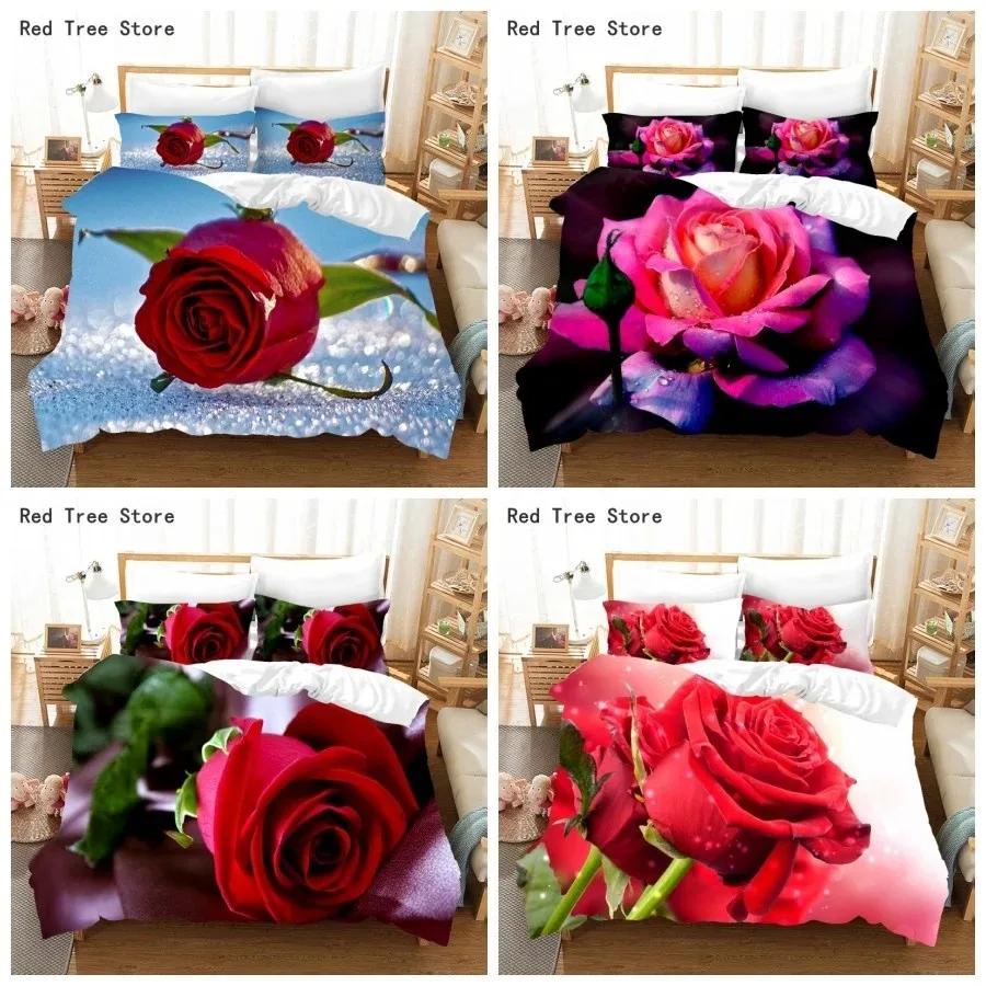 

Plants and Flowers Print Bedding Set Rose Pattern Adults 3D Duvet Cover Queen King Size for Double Bed Without Sheet and Blanket