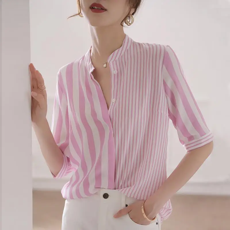 Summer Temperament Striped Stand Collar Short Sleeve Blouse Femme Simplicity Buttons Shirts Women Clothing Casual Patchwork Tops