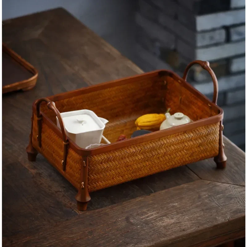 Vintage Bamboo Woven Storage Basket Multifunctional Organize Box Tea Room Desktop Fruit Plate Exquisite Practical Home Supplies