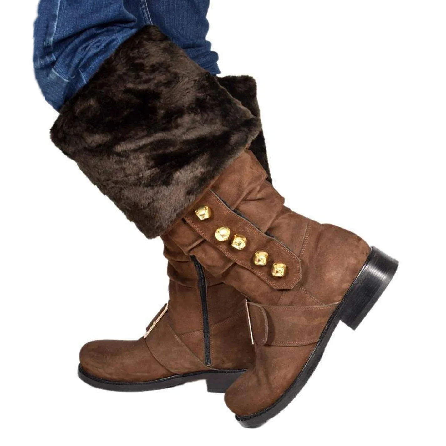 Mittelalterliche Vintage-Weihnachtsmann-Stiefel, Herren-Kampfstiefel mit weißen Plüschmanschetten, Fußglocke und Schnalle für Weihnachtsfeier, Cosplay-Stiefel – Detail 10