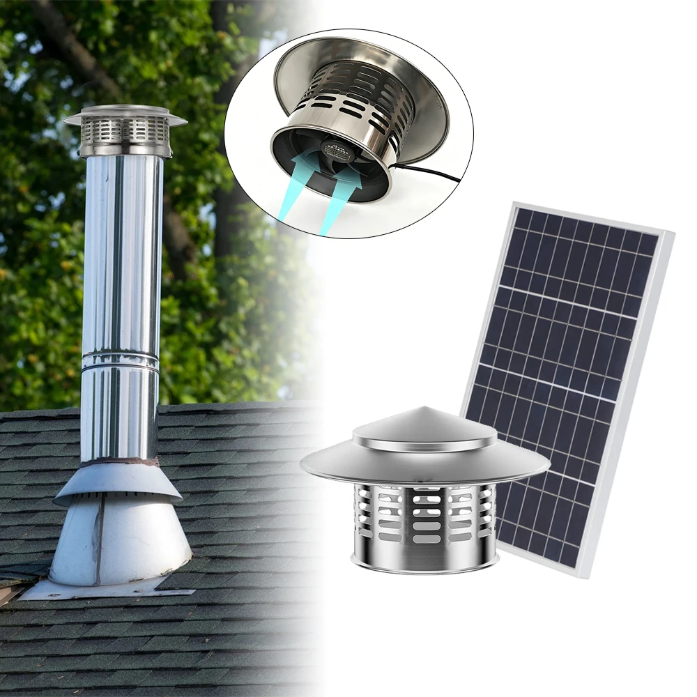 Solar Chimney Cap Air Extractor Ventilator Exhaust with 8/12W Solar Panel Exterior Outlet Roof Pipe Wall Fresh Air Chimney Cap