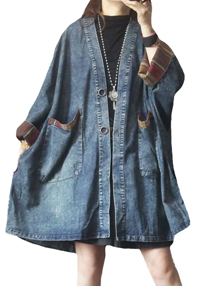 Amax LuluE Jesienne Luksusowe Długie Kurtki Damskie Moda Vintage Luźne Oversize'owe Płaszcze Trenczowe Jeansowe Damskie Dekolt V Codzienne Wiatrówki