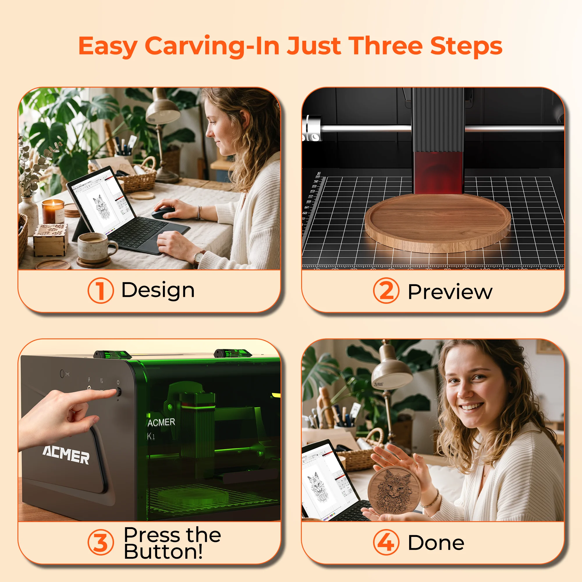 ACMER K1 Laser Engraver 0.01mm High Precision Laser Engraving Machine Enclosed Protective Cover Anti-Tilt Laser Cutter Support 300+ Materials Work on Wood Leather Metal Glass, Compatible Windows macOS Linux LightBurn GRBL DIY Custom Gift Engraving Tool - view 7