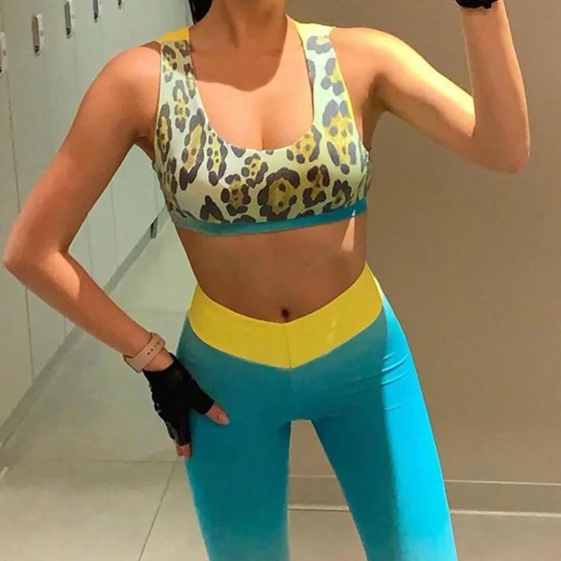 2 pieces set Women's Clothing Jumpsuit Leopard Split-Joint Bohemia Yoga Suits Tight Fitting Legging Sportswear Suit for Women