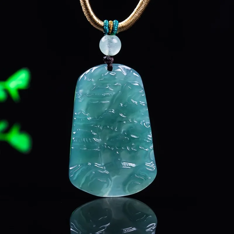 High-end natural A-grade blue water landscape with artistic conception, ice-waxy jadeite pendant for men and wom