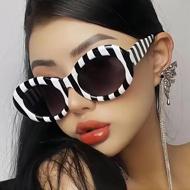 

Oval Striped Zebra Sunglasses for Girls Street BeatPersonality Trend Hip Hop Sunglasses Stage Performance PartyNetflix Models