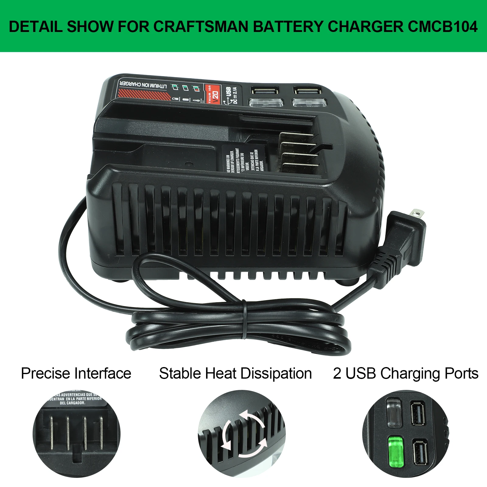 For Craftsman V20 Charger Compatible with Craftsman 20V Max V20 Lithium Battery CMCB100 CMCB102 CMCB104 CMCB124 Dual USB Port