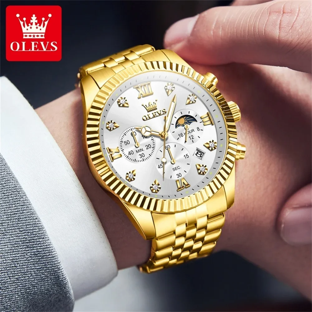 OLEVS 1pc Business Men Watch Premium Moonphase Quartz Watches Stainless Steel Strap Waterproof Timing Luminous Men Wristwatch