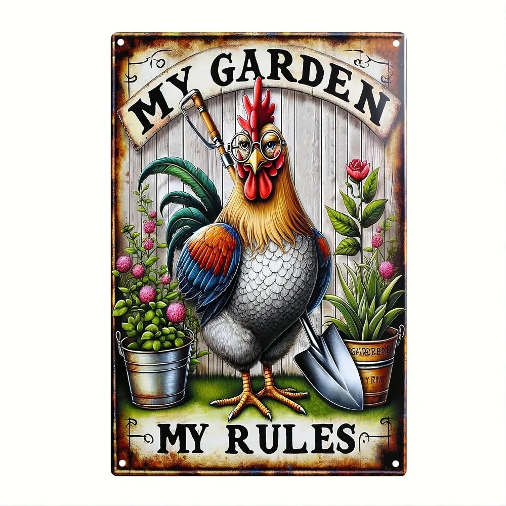 Lustiges „My Garden My Rules“ Aluminium-Metallposter – Hühner-Blechschild, Garten-Bauernhaus-Cock-Dekor, Geschenk für Gartenliebhaber