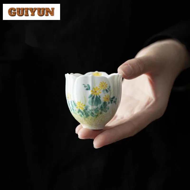 2pc/set Hand-painted Chrysanthemum Art Tea Cup Flower Mouth Master Cup Ancient Single Cups Smelling Cup Teaware Decoration 50ml