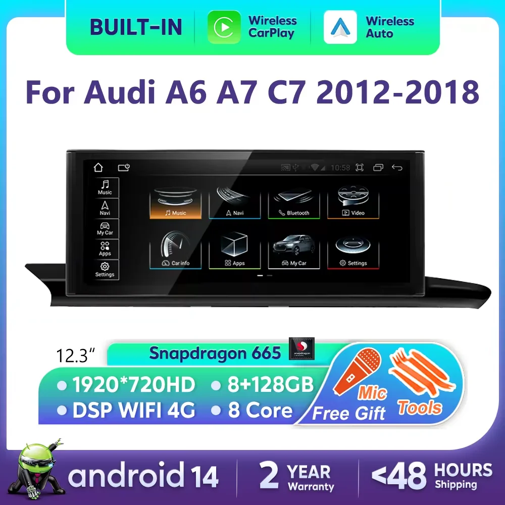 

For Audi A6 A7 C7 Android 14 Car Radio Multimedia mp3 Player IPS Carplay Screen Stereo 4G GPS Navigation WIFI Head Unit