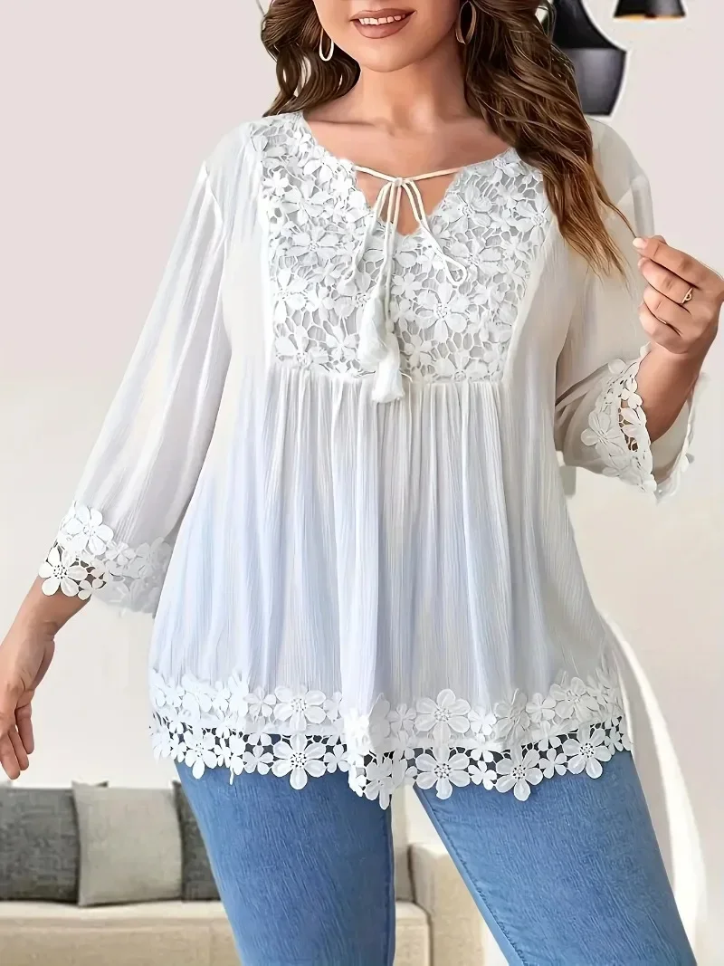 Plus Size 1XL-5XL Women\'s Casual Solid Color Shirt Ladies Fashion Lace Trim Spring summer Casual Blouse Top