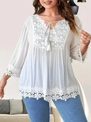 Plus Size 1XL-5XL Women's Casual Solid Color Shirt Ladies Fashion Lace Trim Spring summer Casual Blouse Top