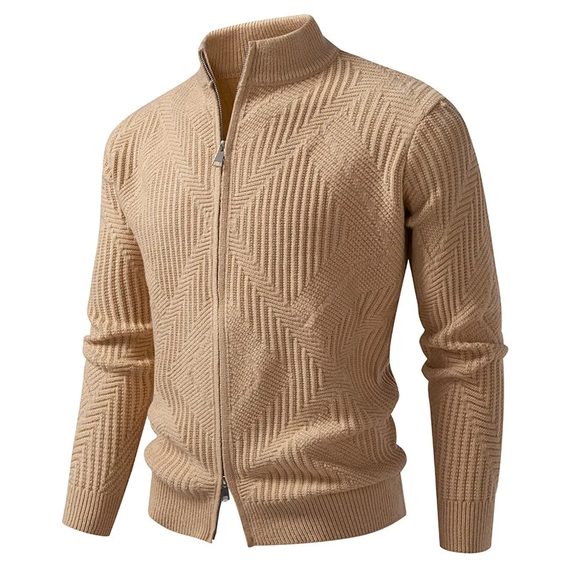 Men's Chevron Ribbed Knit Full Zip Stand Collar Cardigan Long Sleeve Slim Fit Sweater for Men Autumn Winter Business Casual