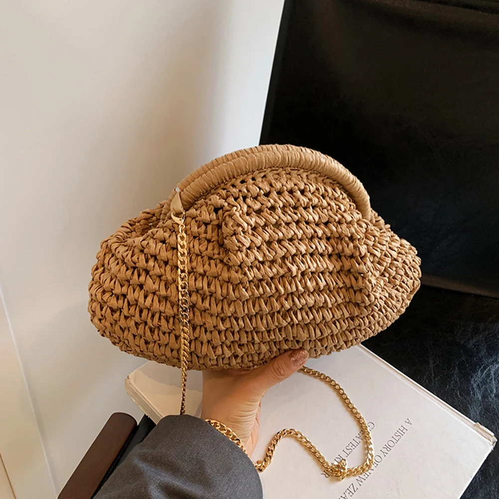 Sac tissé en paille pour femmes, pochette en paille avec sangle en chaîne, sac à coque à la mode et décontracté, sac à bandoulière pour voyage en plein air