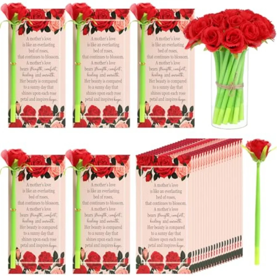 

50 Set Mothers Day Gift Rose Pens with Gift Card Women Christian Gifts Bulk Mothers Day Artificial Creative Black Ink Flower Pe