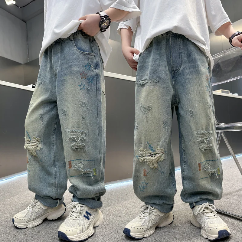 Luxury Boys Baggy Jeans with Star Print Kids High Quality Destroyed Denim Pants Fashion Child Casual Ripped Jeans Trousers 5-14T