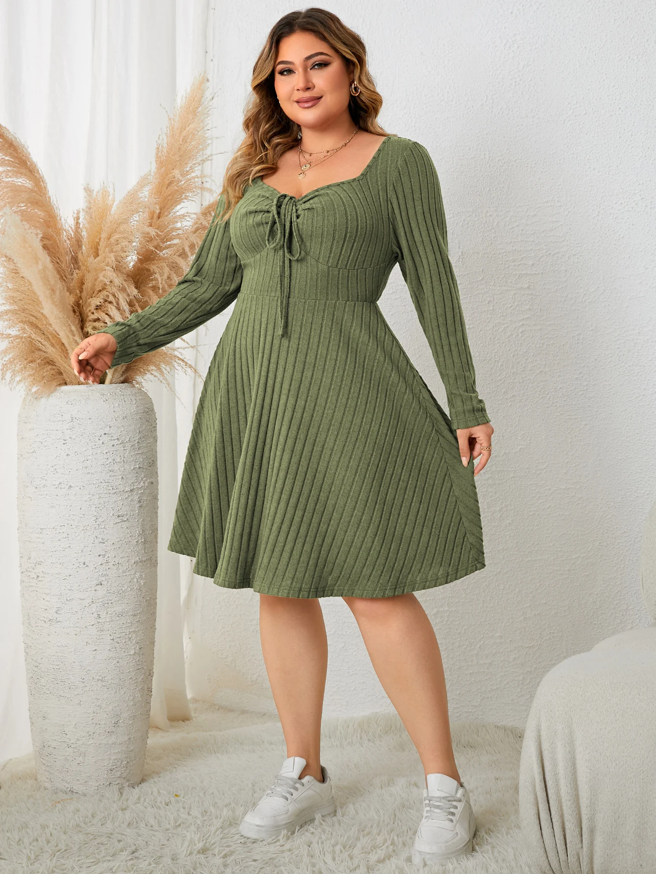 Fashion Plus Size Clothing Dresses for Women 2023 Casual Long Sleeve Green Elegant Party Vacation Large Size Short Female Dress