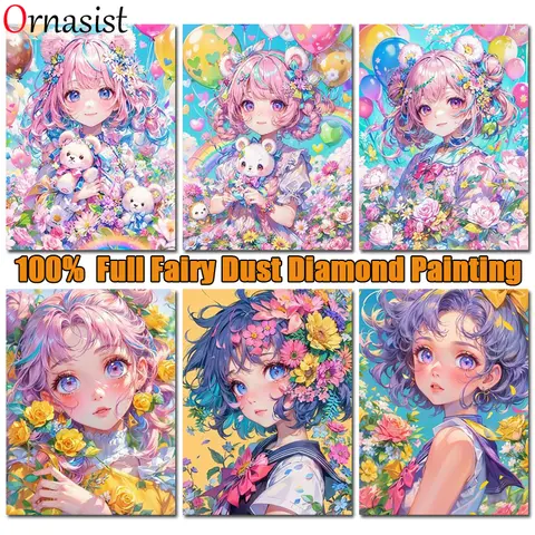 100% 요정 먼지 드릴 다이아몬드 그림 만화 소녀 전체 크리스탈 다이아몬드 모자이크 자수 꽃 크로스 스티치 키트 홈 장식