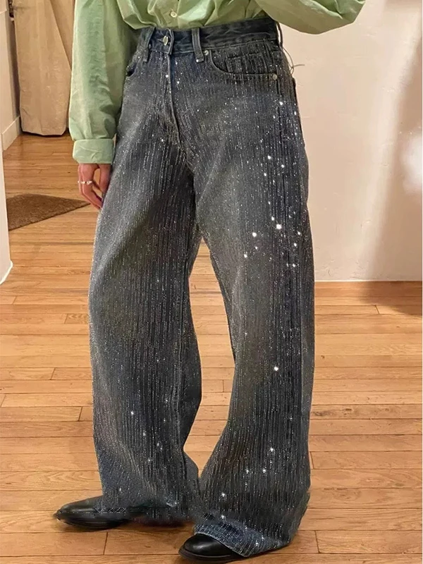 

Американские ретро женские джинсы с низкой талией и стразами, свободные прямые широкие длинные брюки, осенний новый дизайн, смысл