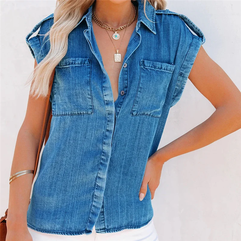 Woman Casual Blue Loose Denim Tank 2023 Summer Female Basic Single Breasted Tanks Girls High Street Pocket Tanks