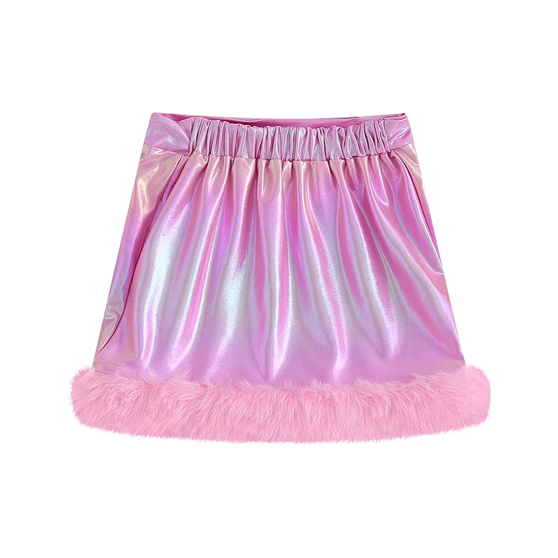 Kid Baby Girls Furry Hem Gradient A-line Skirt Elastic Waist Sparkly Shiny Half Dress Holographic Skirts