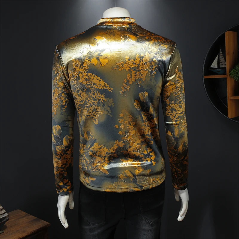 Yellow Floral 3D Print Men T Shirt Homme Long Sleeve Casual Slim Winter Quality Velvet Thick Warm Turtleneck Camisetas De Hombre